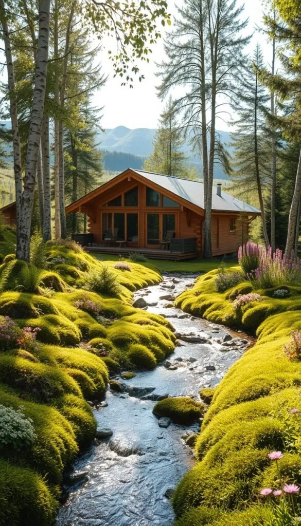 A cozy Scandinavian cabin nestled in a lush, verdant landscape, surrounded by a vibrant tapestry of native flora. In the foreground, a gentle stream winds its way through a bed of mosses, ferns, and wildflowers, creating a serene and tranquil atmosphere. The cabin itself, with its warm wooden exterior and clean, minimalist design, blends seamlessly into the natural setting, its large windows and open-air porch inviting the outdoors in. Dappled sunlight filters through the canopy of birch and pine trees in the middle ground, casting a soft, natural glow over the scene. In the background, rolling hills and distant mountains provide a majestic, Nordic backdrop, reinforcing the sense of harmony between the built and natural environments.