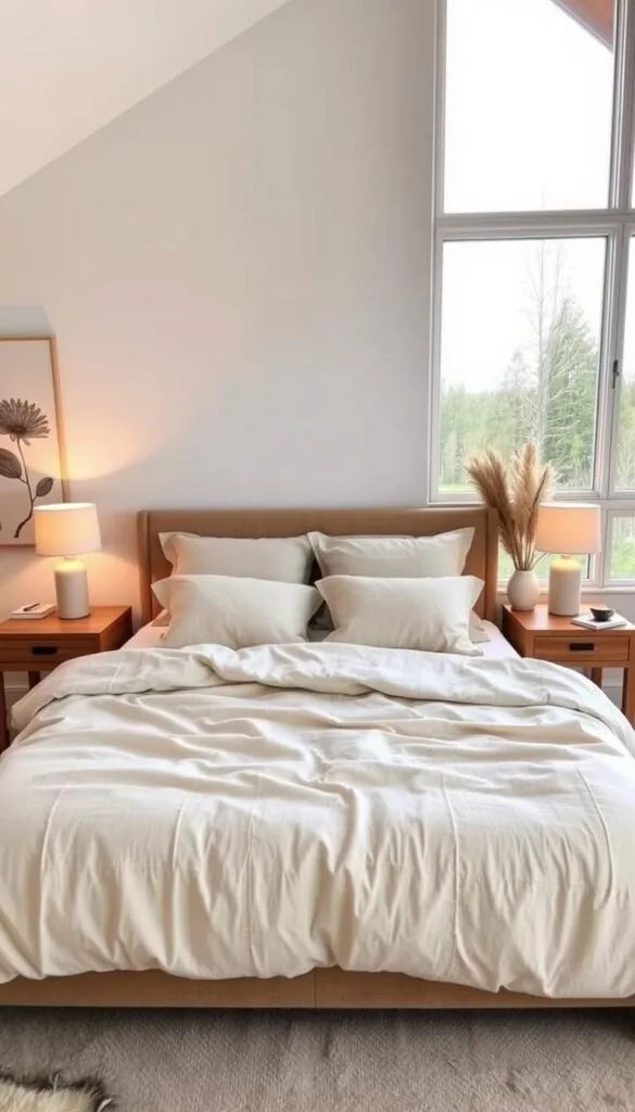 A cozy Scandinavian-inspired bedroom with natural linen bedding and warm, earthy tones. A large, inviting bed takes center stage, dressed in soft, neutral-hued linens and plush pillows. Wooden nightstands flank the bed, topped with simple, minimalist lamps that cast a gentle glow. The walls are adorned with natural-toned artwork, adding to the serene, nature-inspired ambiance. A large window frames the view, letting in abundant natural light and providing a tranquil, calming atmosphere. The overall scene exudes a sense of simplicity, comfort, and Scandinavian-inspired design.
