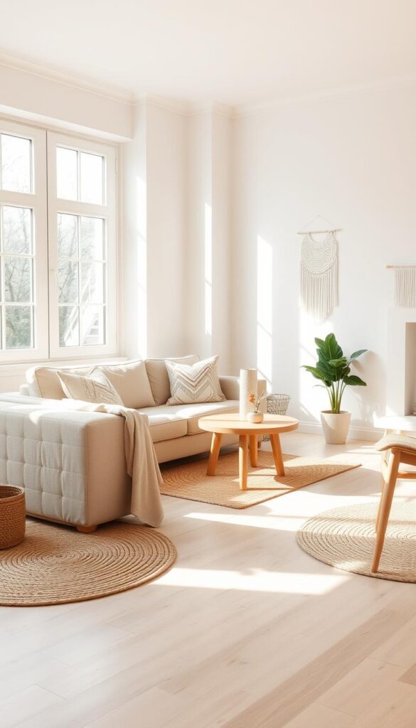 A cozy Scandinavian-inspired living room with minimalist furniture and clean lines. Pale wooden floors, a soft beige couch, and a round wooden coffee table. Scandinavian decor elements like a woven floor rug, a potted plant, and a simple white wall hanging. Warm natural lighting filters through large windows, casting a serene, hygge ambiance. The scene exudes a sense of simplicity, functionality, and timeless Nordic style. A cozy Scandinavian-inspired living room with minimalist furniture and clean lines. Pale wooden floors, a soft beige couch, and a round wooden coffee table. Scandinavian decor elements like a woven floor rug, a potted plant, and a simple white wall hanging. Warm natural lighting filters through large windows, casting a serene, hygge ambiance. The scene exudes a sense of simplicity, functionality, and timeless Nordic style.