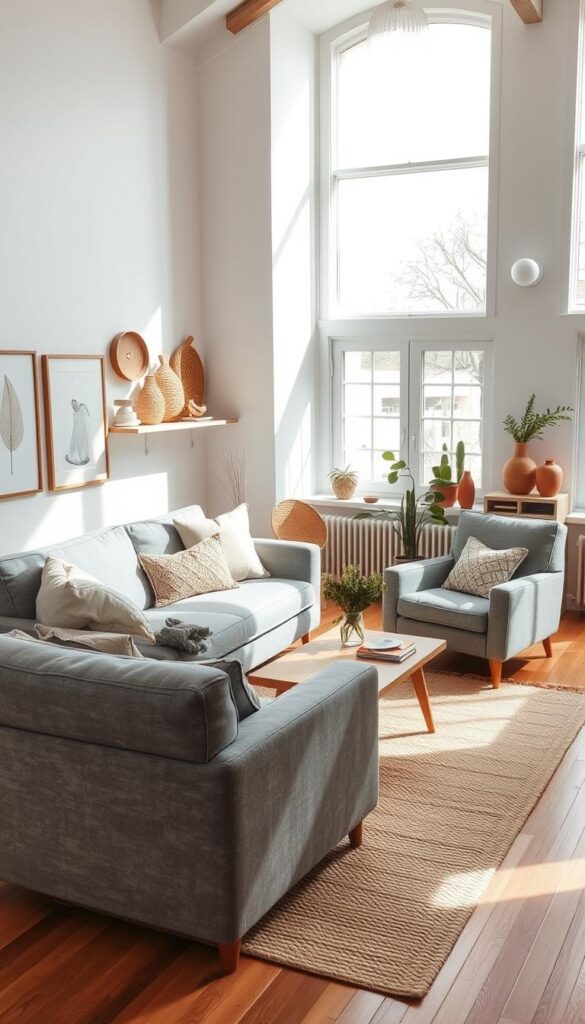 A cozy Scandinavian living room bathed in natural light, featuring a plush gray sofa and armchair arranged around a wooden coffee table. The walls are adorned with minimalist art pieces and shelves showcasing tactile natural materials like woven baskets, terracotta vases, and potted plants. Warm wooden floors extend throughout, complemented by a large, textured area rug. Soft, diffused illumination streams in through large windows, casting a serene, inviting atmosphere. Subtle Scandinavian design elements, such as clean lines and a muted color palette, create an elegant, harmonious space that celebrates the beauty of natural materials.