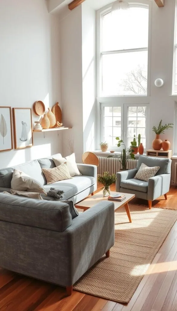 A cozy Scandinavian living room bathed in natural light, featuring a plush gray sofa and armchair arranged around a wooden coffee table. The walls are adorned with minimalist art pieces and shelves showcasing tactile natural materials like woven baskets, terracotta vases, and potted plants. Warm wooden floors extend throughout, complemented by a large, textured area rug. Soft, diffused illumination streams in through large windows, casting a serene, inviting atmosphere. Subtle Scandinavian design elements, such as clean lines and a muted color palette, create an elegant, harmonious space that celebrates the beauty of natural materials. A cozy Scandinavian living room bathed in natural light, featuring a plush gray sofa and armchair arranged around a wooden coffee table. The walls are adorned with minimalist art pieces and shelves showcasing tactile natural materials like woven baskets, terracotta vases, and potted plants. Warm wooden floors extend throughout, complemented by a large, textured area rug. Soft, diffused illumination streams in through large windows, casting a serene, inviting atmosphere. Subtle Scandinavian design elements, such as clean lines and a muted color palette, create an elegant, harmonious space that celebrates the beauty of natural materials.