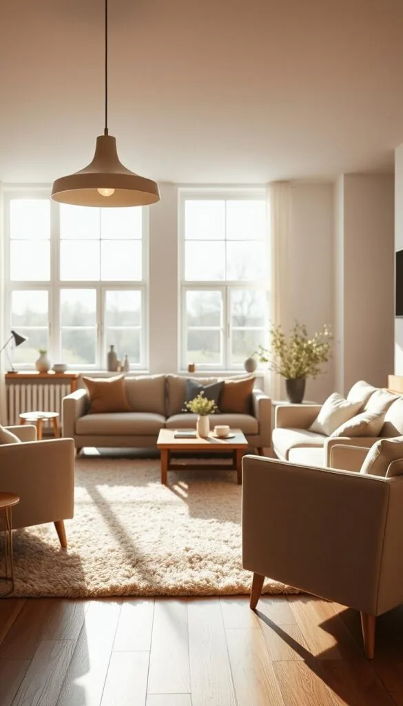 A cozy Scandinavian living room bathed in warm, natural light. In the foreground, a pair of sleek, minimalist Nordic-style lighting pendants hang from the ceiling, their clean lines and muted tones complementing the room's neutral palette. The middle ground features a plush, neutral-toned sofa and armchair arrangement, with a low, wooden coffee table and a lush, textured area rug underfoot. In the background, large windows allow sunlight to flood the space, casting a soft, diffused glow and creating a sense of tranquility and hygge. The overall atmosphere is one of understated elegance, with a focus on natural materials, clean design, and a harmonious balance of light and shadow. A cozy Scandinavian living room bathed in warm, natural light. In the foreground, a pair of sleek, minimalist Nordic-style lighting pendants hang from the ceiling, their clean lines and muted tones complementing the room's neutral palette. The middle ground features a plush, neutral-toned sofa and armchair arrangement, with a low, wooden coffee table and a lush, textured area rug underfoot. In the background, large windows allow sunlight to flood the space, casting a soft, diffused glow and creating a sense of tranquility and hygge. The overall atmosphere is one of understated elegance, with a focus on natural materials, clean design, and a harmonious balance of light and shadow.