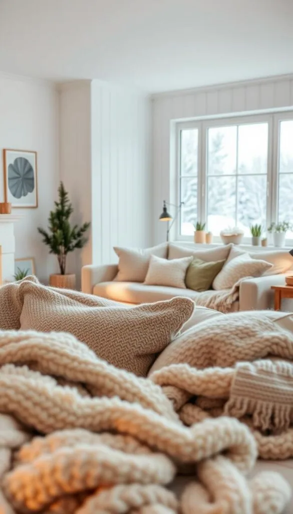A cozy Scandinavian living room bathed in warm, soft lighting. The foreground is layered with plush, textured throws and cushions in muted tones of cream, beige, and sage, creating a hygge atmosphere. In the middle ground, a large, minimalist sofa anchors the space, flanked by potted plants and a wooden side table. The background features whitewashed walls, with a large window overlooking a snowy, Nordic landscape. The overall scene evokes a sense of tranquility, comfort, and understated elegance. A cozy Scandinavian living room bathed in warm, soft lighting. The foreground is layered with plush, textured throws and cushions in muted tones of cream, beige, and sage, creating a hygge atmosphere. In the middle ground, a large, minimalist sofa anchors the space, flanked by potted plants and a wooden side table. The background features whitewashed walls, with a large window overlooking a snowy, Nordic landscape. The overall scene evokes a sense of tranquility, comfort, and understated elegance.