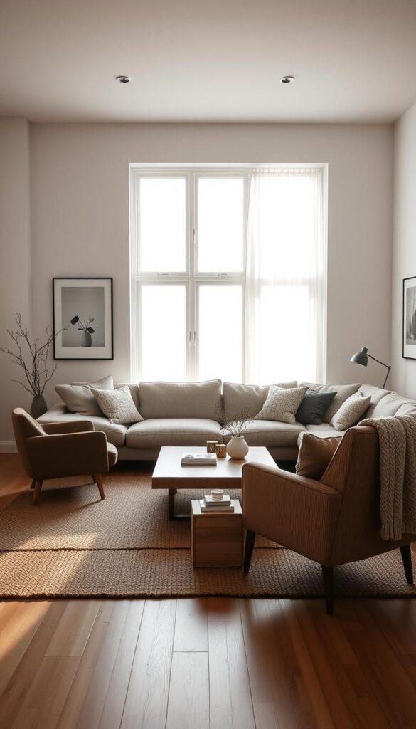 A cozy Scandinavian living room with a minimalist aesthetic and clean, neutral lines. The space is flooded with warm, natural light filtering through large windows, casting a soft, inviting glow. Prominent features include a low-profile sofa with plush, textured upholstery, accented by a pair of scandinavian-inspired armchairs. A sleek, wooden coffee table anchors the arrangement, topped with a few carefully curated decorative elements. The walls are adorned with understated, monochromatic artwork, complementing the room's serene and uncluttered atmosphere. Subtle textures, such as woven rugs and knitted throws, add depth and visual interest to the space, while maintaining the overall sense of simplicity and harmony.