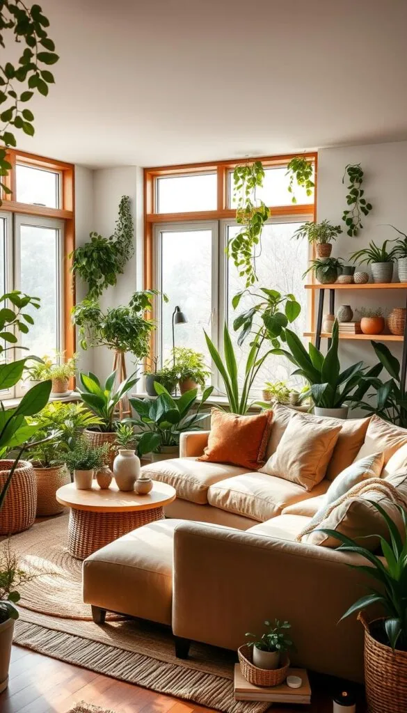A cozy Scandinavian living room with a warm, natural ambiance. The room is filled with an abundance of lush, thriving houseplants arranged artfully throughout, creating a refreshing, verdant atmosphere. The walls are adorned with minimalist, wooden shelving displaying decorative ceramics and books. Soft, natural light floods the space through large, panoramic windows, casting a gentle glow on the earth-toned furniture pieces, including a plush, L-shaped sofa and armchair. Woven textures, such as a jute rug and wicker accents, complement the organic materials. The overall scene evokes a serene, harmonious, and inviting Scandinavian aesthetic. A cozy Scandinavian living room with a warm, natural ambiance. The room is filled with an abundance of lush, thriving houseplants arranged artfully throughout, creating a refreshing, verdant atmosphere. The walls are adorned with minimalist, wooden shelving displaying decorative ceramics and books. Soft, natural light floods the space through large, panoramic windows, casting a gentle glow on the earth-toned furniture pieces, including a plush, L-shaped sofa and armchair. Woven textures, such as a jute rug and wicker accents, complement the organic materials. The overall scene evokes a serene, harmonious, and inviting Scandinavian aesthetic.