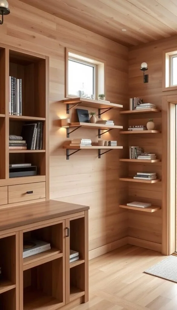 A cozy Scandinavian-style cabin interior featuring built-in shelving solutions for clutter-free storage. The foreground showcases a custom-made wooden cabinet with multiple compartments and cubbies, designed to hold a variety of everyday items. The middle ground features a series of floating shelves mounted on the wall, creating an organized display for books, decor, and personal belongings. The background depicts the cabin's warm, minimalist ambiance, with natural wood paneling, soft lighting from sconces, and a glimpse of a window overlooking a serene outdoor landscape. The overall scene conveys a sense of rustic elegance and functional simplicity, perfectly suited for a Scandinavian-inspired retreat.