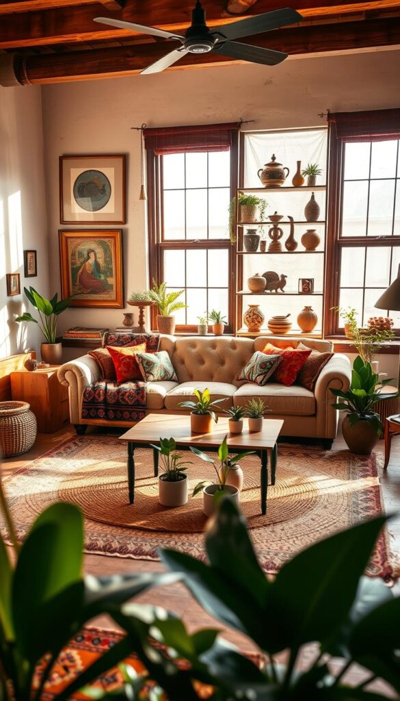 A cozy and balanced ethnic living room bathed in warm, natural lighting. The focal point is a plush, tufted sofa adorned with vibrant, patterned textiles and throw pillows. In the middle ground, a low wooden coffee table is surrounded by woven area rugs and potted plants. The background features a mix of artwork, shelves displaying ethnic decor, and large windows allowing soft, diffused sunlight to filter in. The overall atmosphere is one of cultural harmony, comfort, and worldly sophistication.