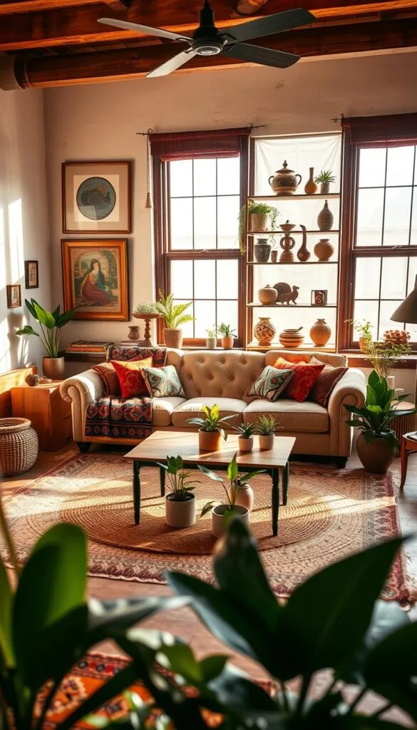 A cozy and balanced ethnic living room bathed in warm, natural lighting. The focal point is a plush, tufted sofa adorned with vibrant, patterned textiles and throw pillows. In the middle ground, a low wooden coffee table is surrounded by woven area rugs and potted plants. The background features a mix of artwork, shelves displaying ethnic decor, and large windows allowing soft, diffused sunlight to filter in. The overall atmosphere is one of cultural harmony, comfort, and worldly sophistication. A cozy and balanced ethnic living room bathed in warm, natural lighting. The focal point is a plush, tufted sofa adorned with vibrant, patterned textiles and throw pillows. In the middle ground, a low wooden coffee table is surrounded by woven area rugs and potted plants. The background features a mix of artwork, shelves displaying ethnic decor, and large windows allowing soft, diffused sunlight to filter in. The overall atmosphere is one of cultural harmony, comfort, and worldly sophistication.