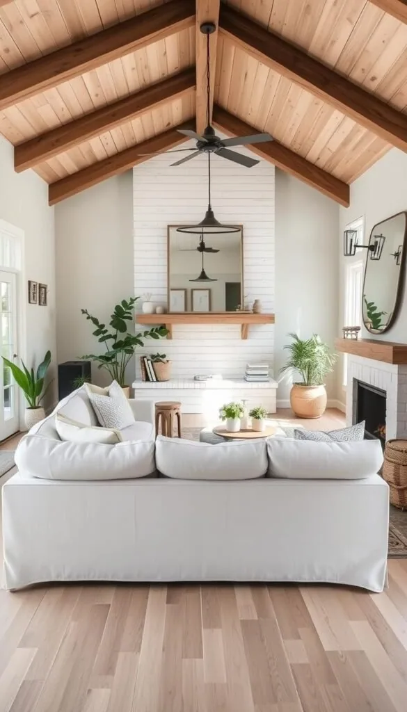 A cozy and budget-friendly modern farmhouse living room with an inviting, warm atmosphere. Soft neutral tones dominate the color palette, punctuated by natural wood accents and woven textures. A plush linen-covered sectional sofa faces a rustic, whitewashed wood-burning fireplace. Distressed wood ceiling beams and wide-plank flooring create a charming, countryside ambiance. Subtle pops of greenery from potted plants and a large, frameless mirror reflect natural light, which streams in through wide windows. Vintage-inspired, industrial-style lighting fixtures and a subtly patterned area rug complete the effortlessly elegant, lived-in aesthetic.