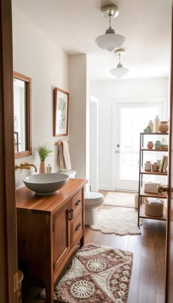 A cozy and charming guest bathroom, filled with DIY decor elements. In the foreground, a stylish wooden vanity with a vessel sink and brass fixtures. On the walls, framed botanical prints and a rustic mirror. The middle ground features a plush bath mat and a chic open shelving unit displaying decorative jars and ceramics. The background showcases a bright, airy space with a large window allowing natural light to flood the room. The overall atmosphere is warm, inviting, and reflective of a relaxing weekend retreat.