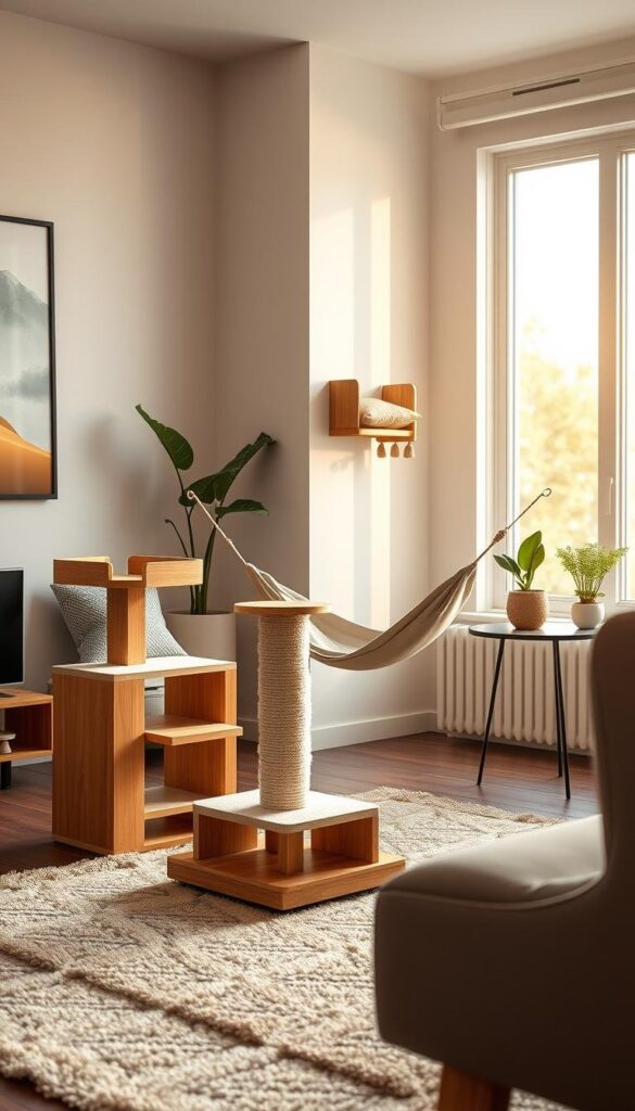 A cozy and chic living room scene showcasing innovative pet furniture for small spaces. In the foreground, a stylish modular cat tower and scratching post sit atop a plush area rug. In the middle ground, a sleek cat hammock and a modern wall-mounted cat shelf blend seamlessly into the room's decor. The background features a large window flooding the space with warm, natural light and a minimalist side table holding a small potted plant. The overall atmosphere exudes a sense of harmony and comfort, creating an inviting environment for both the pet and their owner.