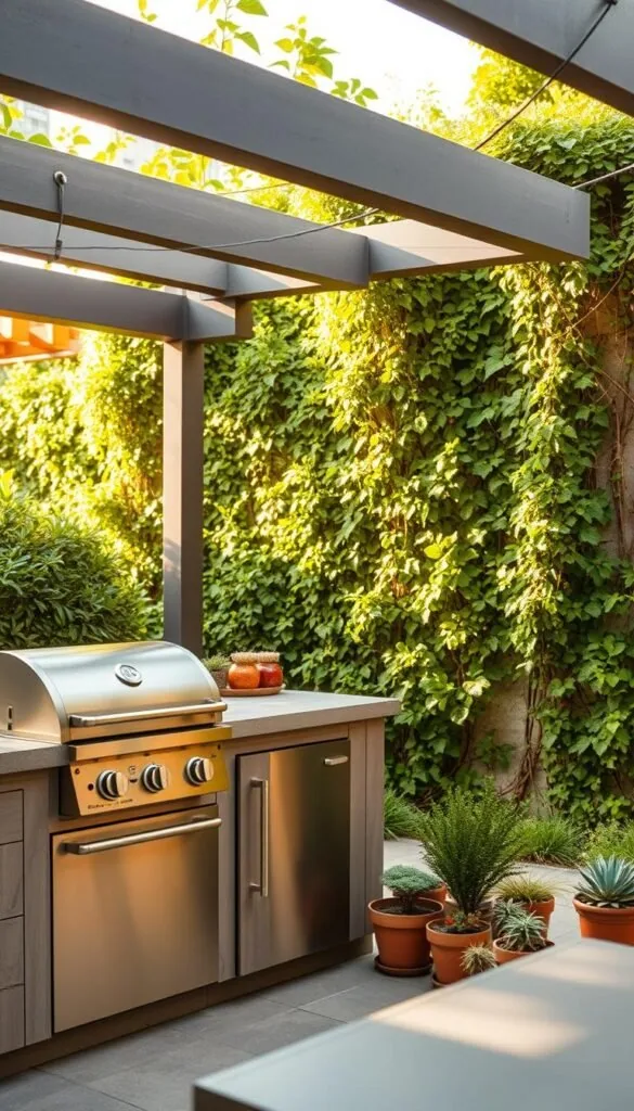 A cozy and compact outdoor kitchen with a space-saving design, nestled within a lush, green garden oasis. In the foreground, a sleek, stainless steel grill and a minimalist prep counter with built-in storage. Overhead, a modern pergola structure creates a sense of enclosure, filtering the warm, golden sunlight. In the middle ground, neatly arranged potted herbs and succulents line the edges, adding a touch of natural ambiance. In the background, a vibrant, verdant wall of climbing vines and trailing foliage, blurring the boundaries between indoor and outdoor living. The scene exudes a calming, relaxed atmosphere, perfect for intimate al fresco dining and entertaining.