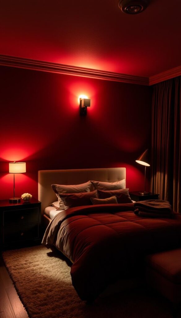 A cozy and dimly lit bedroom, the walls painted in a deep, rich color that casts a warm glow. Soft, ambient lighting emanates from a variety of sources - a pair of sleek, modern bedside lamps, a dimmable overhead fixture, and a subtle floor lamp in the corner. Luxurious textiles, such as a plush area rug and heavy curtains, add to the intimate atmosphere. The bed is adorned with an inviting, high-quality duvet and array of pillows, creating a sense of comfort and relaxation. Carefully positioned task lighting illuminates key areas, while strategic shadows add depth and drama to the scene. The overall effect is a moody, sophisticated bedroom design that exudes a calming, luxurious ambiance. A cozy and dimly lit bedroom, the walls painted in a deep, rich color that casts a warm glow. Soft, ambient lighting emanates from a variety of sources - a pair of sleek, modern bedside lamps, a dimmable overhead fixture, and a subtle floor lamp in the corner. Luxurious textiles, such as a plush area rug and heavy curtains, add to the intimate atmosphere. The bed is adorned with an inviting, high-quality duvet and array of pillows, creating a sense of comfort and relaxation. Carefully positioned task lighting illuminates key areas, while strategic shadows add depth and drama to the scene. The overall effect is a moody, sophisticated bedroom design that exudes a calming, luxurious ambiance.