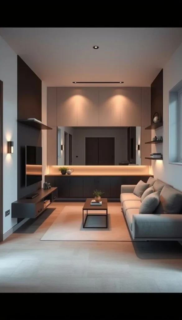 A cozy and efficiently designed small living room with wall-mounted furniture pieces that maximize the available space. In the foreground, a sleek floating TV console and shelving unit hug the perimeter, providing ample storage and display space. The middle ground features a minimalist sofa and a compact coffee table, arranged to create a sense of openness. Subtle mood lighting emanates from discreet wall sconces, casting a warm glow and enhancing the sense of depth. In the background, a large, floor-to-ceiling mirror reflects the space, creating an illusion of expanded dimensions. The overall aesthetic is modern, uncluttered, and tailored to the limited square footage, showcasing clever space optimization techniques.