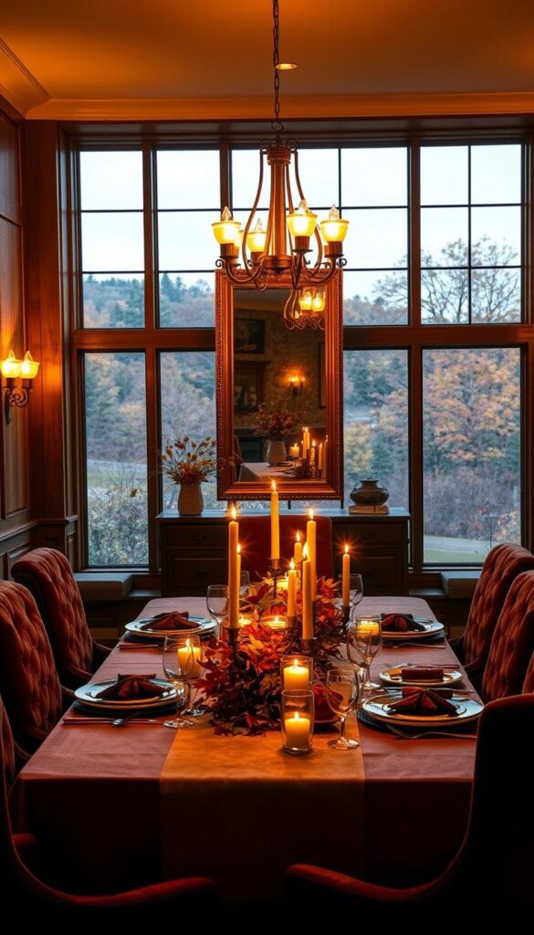 A cozy and elegant fall dining room, bathed in warm, inviting lighting. The table is set with rich, autumnal-hued linens, a centerpiece of seasonal foliage, and glowing candlesticks casting a soft, flickering glow. The walls are adorned with rustic wooden panels, complemented by vintage-inspired sconces and a grand, brass-framed mirror that reflects the scene, amplifying the ambient lighting. Plush, velvet chairs surround the table, inviting guests to linger and savor the moment. Large windows overlooking a picturesque fall landscape allow natural light to filter in, creating a harmonious blend of natural and artificial illumination. The overall atmosphere is one of refined sophistication and autumn ambiance. A cozy and elegant fall dining room, bathed in warm, inviting lighting. The table is set with rich, autumnal-hued linens, a centerpiece of seasonal foliage, and glowing candlesticks casting a soft, flickering glow. The walls are adorned with rustic wooden panels, complemented by vintage-inspired sconces and a grand, brass-framed mirror that reflects the scene, amplifying the ambient lighting. Plush, velvet chairs surround the table, inviting guests to linger and savor the moment. Large windows overlooking a picturesque fall landscape allow natural light to filter in, creating a harmonious blend of natural and artificial illumination. The overall atmosphere is one of refined sophistication and autumn ambiance.