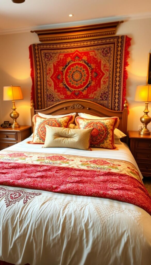 A cozy and inviting Desi-inspired bedroom decor. The foreground features a plush, colorful bedding set with intricate embroidered patterns, complemented by decorative pillows and a richly textured throw blanket. In the middle ground, a low wooden bed frame with carved detailing holds the focal point. Flanking the bed are wooden nightstands with ornate brass lamps emitting a warm, ambient glow. The background showcases a feature wall adorned with traditional Indian textiles, such as a vibrant tapestry or woven wall hanging. The room is bathed in a soft, golden lighting that enhances the natural tones and textures, creating an atmosphere of refined elegance and comfort. A cozy and inviting Desi-inspired bedroom decor. The foreground features a plush, colorful bedding set with intricate embroidered patterns, complemented by decorative pillows and a richly textured throw blanket. In the middle ground, a low wooden bed frame with carved detailing holds the focal point. Flanking the bed are wooden nightstands with ornate brass lamps emitting a warm, ambient glow. The background showcases a feature wall adorned with traditional Indian textiles, such as a vibrant tapestry or woven wall hanging. The room is bathed in a soft, golden lighting that enhances the natural tones and textures, creating an atmosphere of refined elegance and comfort.