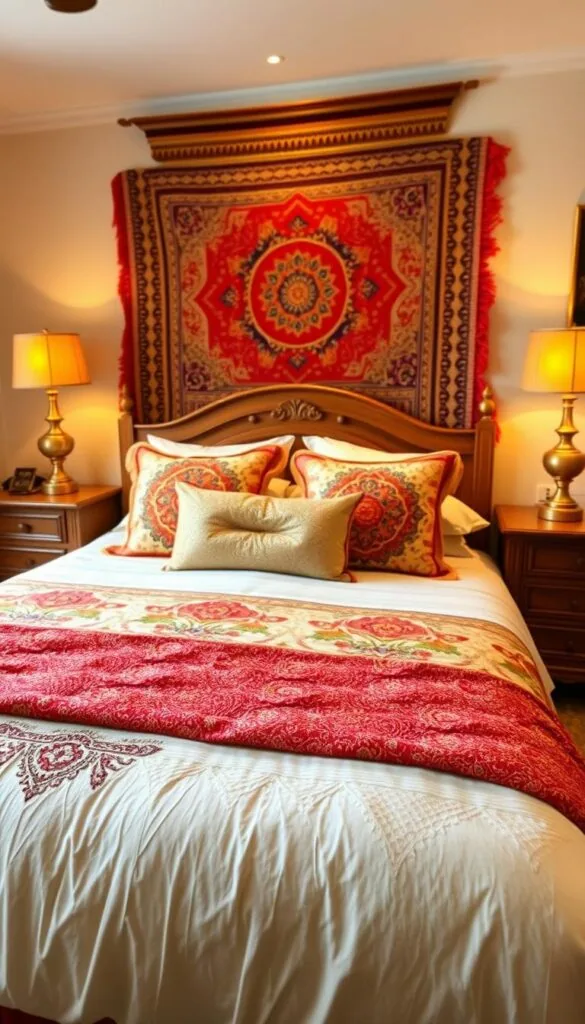 A cozy and inviting Desi-inspired bedroom decor. The foreground features a plush, colorful bedding set with intricate embroidered patterns, complemented by decorative pillows and a richly textured throw blanket. In the middle ground, a low wooden bed frame with carved detailing holds the focal point. Flanking the bed are wooden nightstands with ornate brass lamps emitting a warm, ambient glow. The background showcases a feature wall adorned with traditional Indian textiles, such as a vibrant tapestry or woven wall hanging. The room is bathed in a soft, golden lighting that enhances the natural tones and textures, creating an atmosphere of refined elegance and comfort. A cozy and inviting Desi-inspired bedroom decor. The foreground features a plush, colorful bedding set with intricate embroidered patterns, complemented by decorative pillows and a richly textured throw blanket. In the middle ground, a low wooden bed frame with carved detailing holds the focal point. Flanking the bed are wooden nightstands with ornate brass lamps emitting a warm, ambient glow. The background showcases a feature wall adorned with traditional Indian textiles, such as a vibrant tapestry or woven wall hanging. The room is bathed in a soft, golden lighting that enhances the natural tones and textures, creating an atmosphere of refined elegance and comfort.