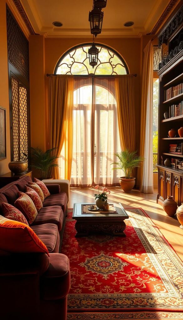 A cozy and inviting Desi-inspired living room sanctuary, bathed in warm, golden lighting that filters through intricate jali screens. The foreground features plush, jewel-toned velvet sofas adorned with vibrant, intricate embroidered cushions, along with a low, carved wooden coffee table. In the middle ground, a large, ornate area rug in bold, traditional patterns anchors the space, while a grand, carved wooden bookshelf filled with leather-bound volumes stands tall against the wall. The background showcases a set of tall, arched windows draped with sheer, flowing curtains, offering a glimpse of a lush, verdant outdoor scene. Subtle touches of Desi decor, such as brass and copper accents, terracotta pots, and delicate hanging lanterns, create a warm and inviting atmosphere. A cozy and inviting Desi-inspired living room sanctuary, bathed in warm, golden lighting that filters through intricate jali screens. The foreground features plush, jewel-toned velvet sofas adorned with vibrant, intricate embroidered cushions, along with a low, carved wooden coffee table. In the middle ground, a large, ornate area rug in bold, traditional patterns anchors the space, while a grand, carved wooden bookshelf filled with leather-bound volumes stands tall against the wall. The background showcases a set of tall, arched windows draped with sheer, flowing curtains, offering a glimpse of a lush, verdant outdoor scene. Subtle touches of Desi decor, such as brass and copper accents, terracotta pots, and delicate hanging lanterns, create a warm and inviting atmosphere.