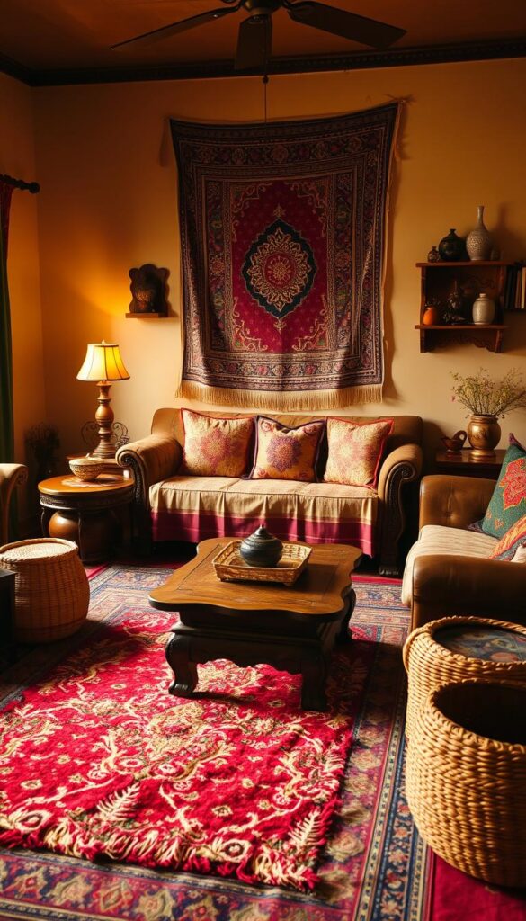 A cozy and inviting Desi living room with intricate textiles, carved wooden furniture, and vibrant accents. Soft, warm lighting illuminates the space, casting a golden glow. In the foreground, a plush, colorful rug grounds the room, while a carved wooden coffee table and hand-woven baskets add natural textures. The middle ground features a traditional Desi sofa adorned with embroidered pillows and a hand-painted side table. In the background, a vibrant wall hanging or tapestry creates a focal point, complemented by a pair of carved wooden shelves displaying treasured items. The overall atmosphere is one of comfort, culture, and effortless style. A cozy and inviting Desi living room with intricate textiles, carved wooden furniture, and vibrant accents. Soft, warm lighting illuminates the space, casting a golden glow. In the foreground, a plush, colorful rug grounds the room, while a carved wooden coffee table and hand-woven baskets add natural textures. The middle ground features a traditional Desi sofa adorned with embroidered pillows and a hand-painted side table. In the background, a vibrant wall hanging or tapestry creates a focal point, complemented by a pair of carved wooden shelves displaying treasured items. The overall atmosphere is one of comfort, culture, and effortless style.