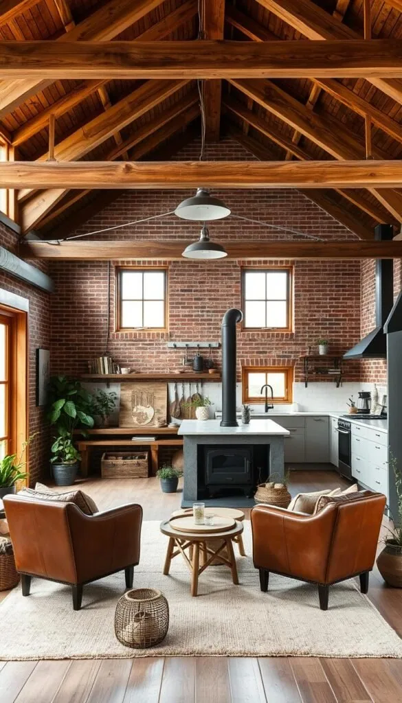 A cozy and inviting Scandinavian-inspired barn house interior, with rustic wooden beams and exposed brick walls. The space is filled with a warm, natural light filtering through large windows, complemented by sleek industrial-style lighting fixtures overhead. Vintage leather armchairs and a plush area rug create a comfortable seating area, while a minimalist, wood-burning stove anchors the room. The kitchen features a mix of modern appliances and traditional cabinetry, blending seamlessly with the overall aesthetic. Scattered throughout are potted plants and natural fiber decor, adding pops of greenery and texture. The overall atmosphere is one of refined simplicity, where industrial elements harmonize with the inherent coziness of the Nordic design approach. A cozy and inviting Scandinavian-inspired barn house interior, with rustic wooden beams and exposed brick walls. The space is filled with a warm, natural light filtering through large windows, complemented by sleek industrial-style lighting fixtures overhead. Vintage leather armchairs and a plush area rug create a comfortable seating area, while a minimalist, wood-burning stove anchors the room. The kitchen features a mix of modern appliances and traditional cabinetry, blending seamlessly with the overall aesthetic. Scattered throughout are potted plants and natural fiber decor, adding pops of greenery and texture. The overall atmosphere is one of refined simplicity, where industrial elements harmonize with the inherent coziness of the Nordic design approach.