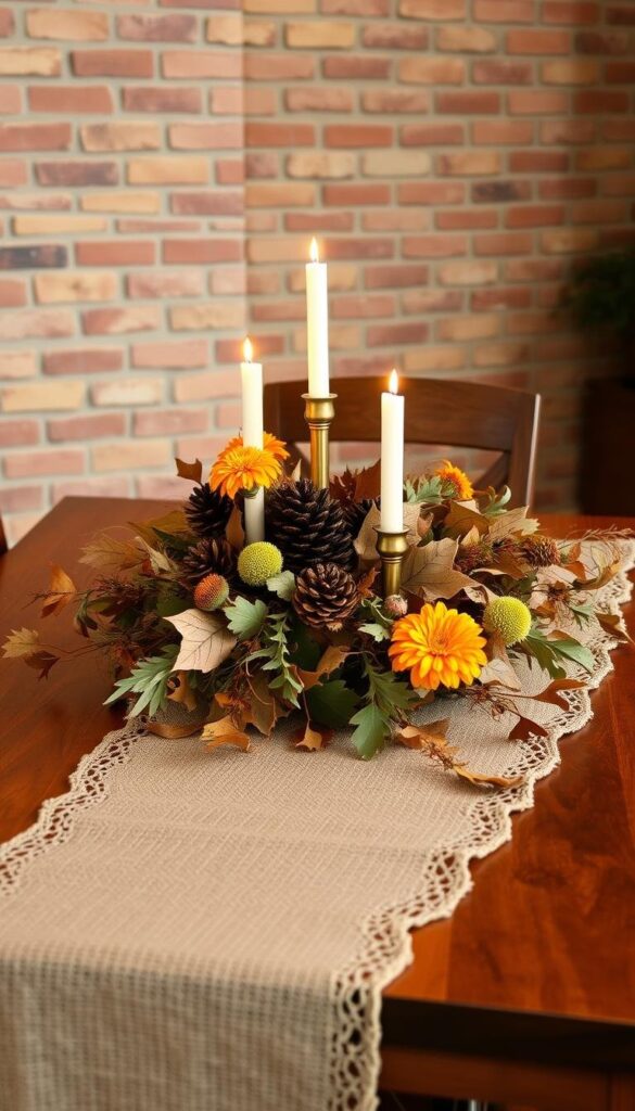 A cozy and inviting autumn scene featuring a rustic wooden table adorned with a simple yet stylish centerpiece. The centerpiece is a mix of dried leaves, pinecones, and a few vibrant marigolds, all illuminated by the soft glow of tealight candles. In the background, a warm-toned brick wall provides a natural, textured backdrop, while a delicate lace or burlap runner cascades down the table's edge. The overall atmosphere is one of relaxed elegance, showcasing how affordable, natural elements can create a beautiful and welcoming fall dining experience. A cozy and inviting autumn scene featuring a rustic wooden table adorned with a simple yet stylish centerpiece. The centerpiece is a mix of dried leaves, pinecones, and a few vibrant marigolds, all illuminated by the soft glow of tealight candles. In the background, a warm-toned brick wall provides a natural, textured backdrop, while a delicate lace or burlap runner cascades down the table's edge. The overall atmosphere is one of relaxed elegance, showcasing how affordable, natural elements can create a beautiful and welcoming fall dining experience.