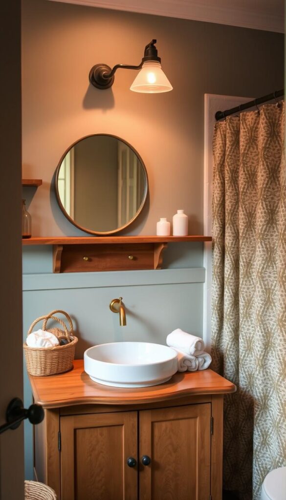 A cozy and inviting bathroom with a rustic, farmhouse-inspired aesthetic. The focal point is a vintage-style vanity in a warm wood tone, with a simple vessel sink and classic brass fixtures. Above it hangs a round mirror in a distressed metal frame, casting a soft glow. In the corner, a natural woven basket holds fluffy white towels. The walls are painted in a soft, muted blue-green, complemented by a patterned shower curtain in earth tones. Wooden shelves hold simple ceramic and glass accessories. Warm, diffused lighting illuminates the space, creating a calming and relaxing atmosphere.