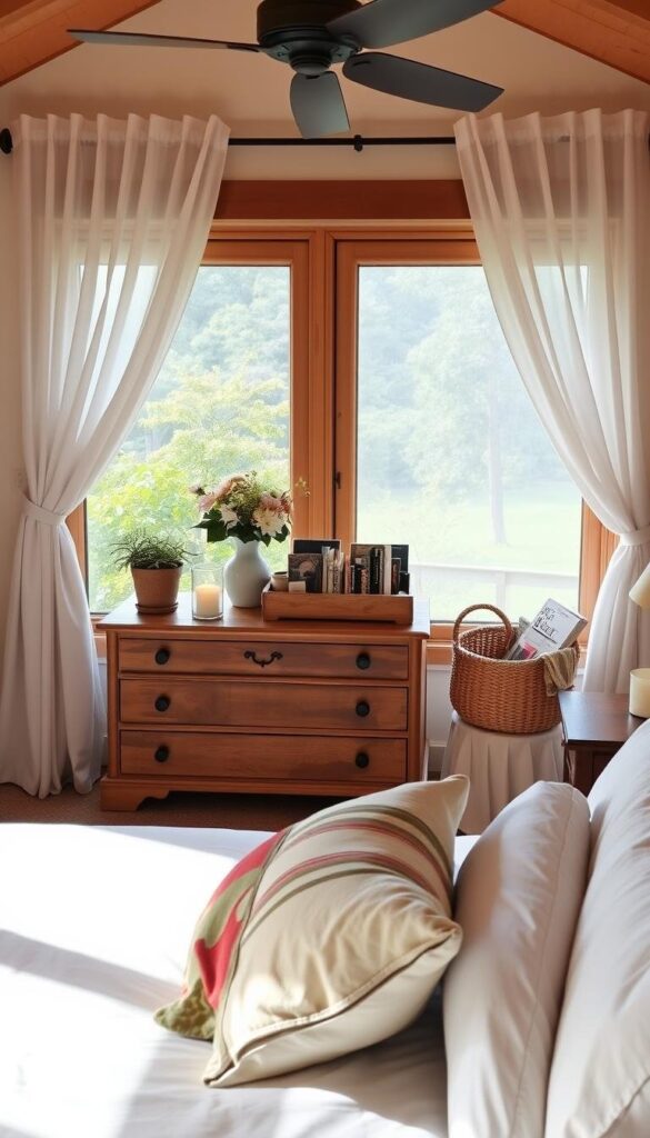 A cozy and inviting bedroom decorated for the summer season. In the foreground, a neatly made bed with crisp white linens and a colorful throw pillow. On the nightstands, potted succulents and scented candles cast a warm glow. The middle ground features a wooden dresser adorned with a vase of fresh flowers and a woven basket filled with summer reading materials. In the background, sheer curtains billow gently in the breeze, framing a large window overlooking a lush, green landscape. The overall atmosphere is one of relaxation and rejuvenation, perfectly capturing the essence of a summer-ready bedroom retreat. A cozy and inviting bedroom decorated for the summer season. In the foreground, a neatly made bed with crisp white linens and a colorful throw pillow. On the nightstands, potted succulents and scented candles cast a warm glow. The middle ground features a wooden dresser adorned with a vase of fresh flowers and a woven basket filled with summer reading materials. In the background, sheer curtains billow gently in the breeze, framing a large window overlooking a lush, green landscape. The overall atmosphere is one of relaxation and rejuvenation, perfectly capturing the essence of a summer-ready bedroom retreat.