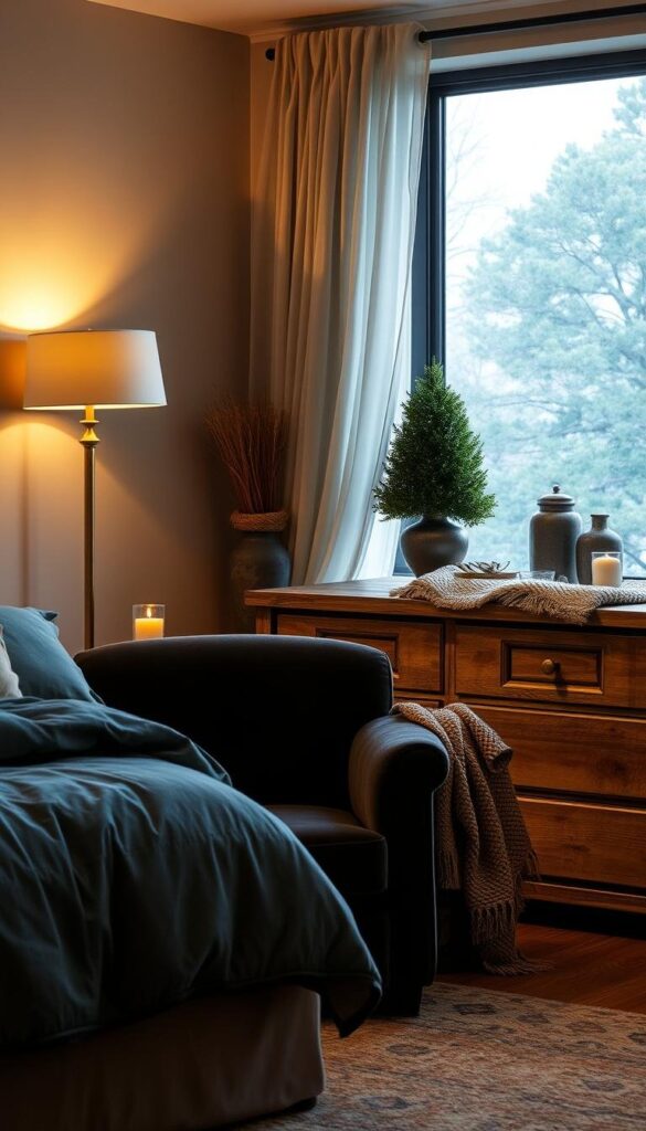 A cozy and inviting bedroom scene, illuminated by warm, soft lighting from a brass floor lamp in the corner. In the foreground, a plush, velvet-upholstered armchair sits adjacent to a neatly made bed with luxurious linens in shades of sage and charcoal. On the bedside table, a flickering candle casts a gentle glow. The middle ground features a rustic wooden dresser, adorned with a thick, knitted throw and decorative vases. In the background, a large window overlooking a peaceful, tree-lined view, with sheer curtains gently billowing in the breeze, creating a serene and tranquil atmosphere. A cozy and inviting bedroom scene, illuminated by warm, soft lighting from a brass floor lamp in the corner. In the foreground, a plush, velvet-upholstered armchair sits adjacent to a neatly made bed with luxurious linens in shades of sage and charcoal. On the bedside table, a flickering candle casts a gentle glow. The middle ground features a rustic wooden dresser, adorned with a thick, knitted throw and decorative vases. In the background, a large window overlooking a peaceful, tree-lined view, with sheer curtains gently billowing in the breeze, creating a serene and tranquil atmosphere.