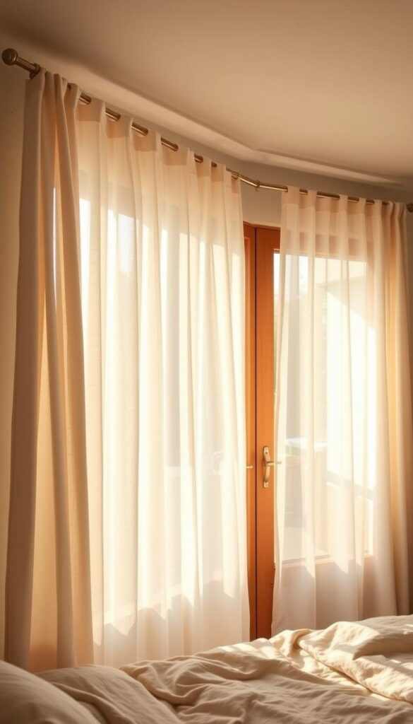 A cozy and inviting bedroom setting with warm, natural light filtering through sheer, lightweight curtains that billow gracefully in a gentle summer breeze. The curtains are made of a delicate, airy fabric like linen or chiffon, with a subtle texture and slight translucency that creates a soft, diffused glow throughout the space. The curtains are hung from simple, minimalist rods, allowing them to flow freely and accentuate the airiness of the room. The overall atmosphere is one of serenity, comfort, and a connection to the outdoors, perfectly complementing the "Fresh Summer Home Decor Ideas to Brighten Every Corner" theme and the "Invest in Lightweight Fabrics" section. A cozy and inviting bedroom setting with warm, natural light filtering through sheer, lightweight curtains that billow gracefully in a gentle summer breeze. The curtains are made of a delicate, airy fabric like linen or chiffon, with a subtle texture and slight translucency that creates a soft, diffused glow throughout the space. The curtains are hung from simple, minimalist rods, allowing them to flow freely and accentuate the airiness of the room. The overall atmosphere is one of serenity, comfort, and a connection to the outdoors, perfectly complementing the "Fresh Summer Home Decor Ideas to Brighten Every Corner" theme and the "Invest in Lightweight Fabrics" section.