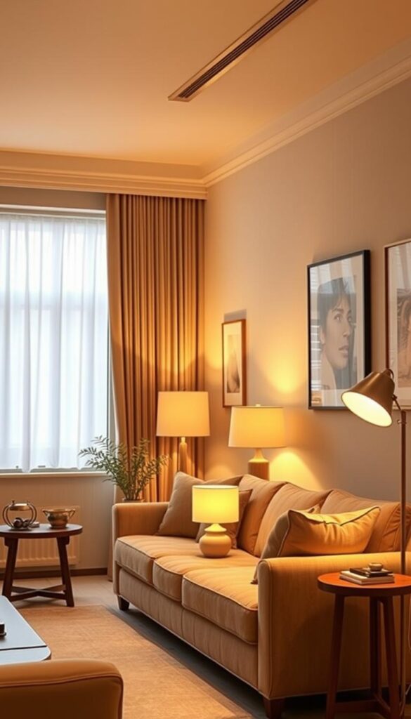 A cozy and inviting beige living room, bathed in warm, diffused lighting. The space features a large picture window that allows natural light to flood the room, creating a soft, ambient glow. Strategically placed table lamps and floor lamps cast a gentle, golden illumination, highlighting the textured fabrics and wooden accents throughout the space. The lighting is carefully balanced, creating a harmonious and serene atmosphere, perfect for relaxation and conversation. The room exudes a timeless elegance, with a neutral color palette that feels both modern and classic. The lighting design seamlessly complements the overall aesthetic, creating a space that is both visually appealing and functionally welcoming. A cozy and inviting beige living room, bathed in warm, diffused lighting. The space features a large picture window that allows natural light to flood the room, creating a soft, ambient glow. Strategically placed table lamps and floor lamps cast a gentle, golden illumination, highlighting the textured fabrics and wooden accents throughout the space. The lighting is carefully balanced, creating a harmonious and serene atmosphere, perfect for relaxation and conversation. The room exudes a timeless elegance, with a neutral color palette that feels both modern and classic. The lighting design seamlessly complements the overall aesthetic, creating a space that is both visually appealing and functionally welcoming.