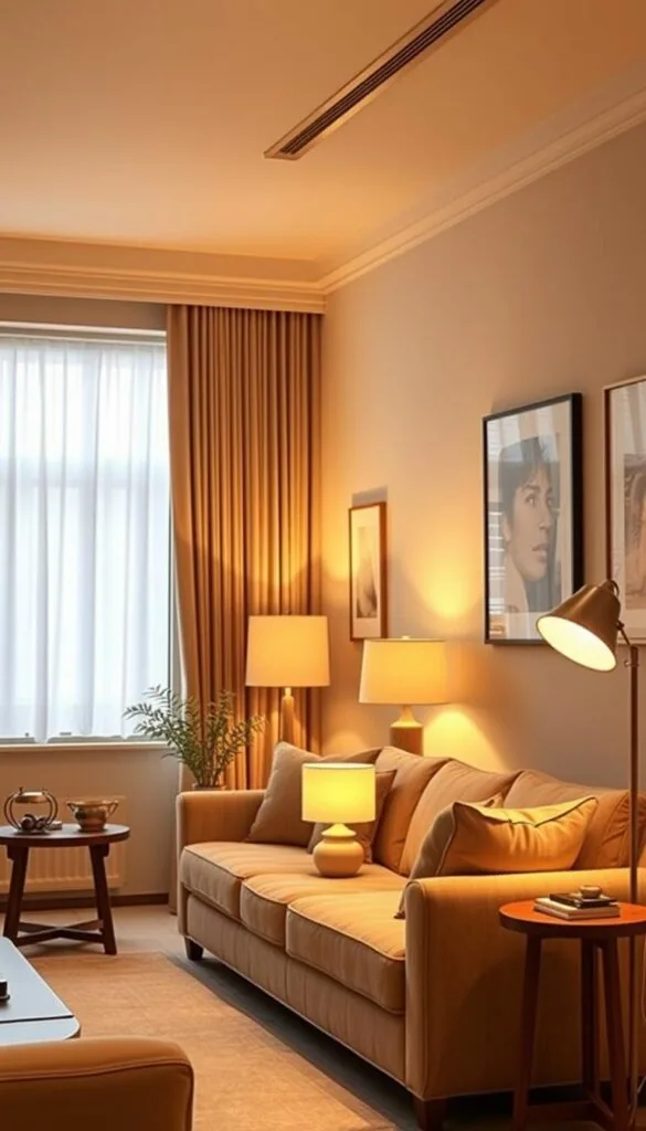 A cozy and inviting beige living room, bathed in warm, diffused lighting. The space features a large picture window that allows natural light to flood the room, creating a soft, ambient glow. Strategically placed table lamps and floor lamps cast a gentle, golden illumination, highlighting the textured fabrics and wooden accents throughout the space. The lighting is carefully balanced, creating a harmonious and serene atmosphere, perfect for relaxation and conversation. The room exudes a timeless elegance, with a neutral color palette that feels both modern and classic. The lighting design seamlessly complements the overall aesthetic, creating a space that is both visually appealing and functionally welcoming. A cozy and inviting beige living room, bathed in warm, diffused lighting. The space features a large picture window that allows natural light to flood the room, creating a soft, ambient glow. Strategically placed table lamps and floor lamps cast a gentle, golden illumination, highlighting the textured fabrics and wooden accents throughout the space. The lighting is carefully balanced, creating a harmonious and serene atmosphere, perfect for relaxation and conversation. The room exudes a timeless elegance, with a neutral color palette that feels both modern and classic. The lighting design seamlessly complements the overall aesthetic, creating a space that is both visually appealing and functionally welcoming.