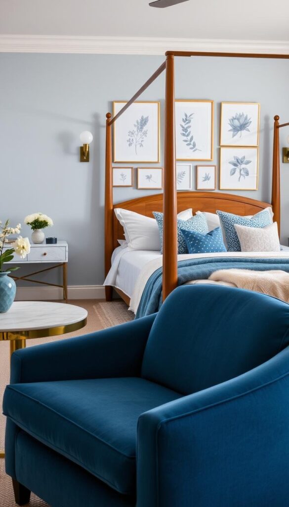 A cozy and inviting blue and white bedroom with a warm, natural-inspired decor. In the foreground, a plush, oversized armchair upholstered in a soft blue velvet fabric invites relaxation. Beside it, an elegant side table with a marble top and sleek gold accents. In the middle ground, a large, wooden four-poster bed adorned with crisp white linens and a mix of patterned throw pillows in shades of blue. On the wall behind the bed, a gallery wall featuring an eclectic mix of framed botanical prints and sketches in complementary tones. Soft, diffused lighting from a pair of mid-century modern sconces casts a gentle glow throughout the space, creating a serene and calming atmosphere. A cozy and inviting blue and white bedroom with a warm, natural-inspired decor. In the foreground, a plush, oversized armchair upholstered in a soft blue velvet fabric invites relaxation. Beside it, an elegant side table with a marble top and sleek gold accents. In the middle ground, a large, wooden four-poster bed adorned with crisp white linens and a mix of patterned throw pillows in shades of blue. On the wall behind the bed, a gallery wall featuring an eclectic mix of framed botanical prints and sketches in complementary tones. Soft, diffused lighting from a pair of mid-century modern sconces casts a gentle glow throughout the space, creating a serene and calming atmosphere.
