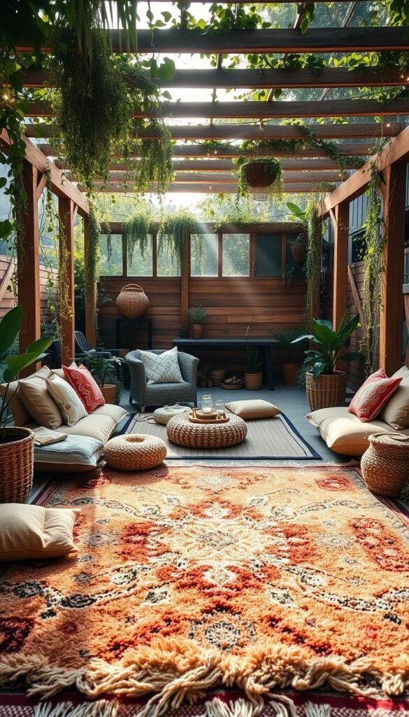 A cozy and inviting bohemian outdoor space with a lush, textured rug arrangement. In the foreground, a large, plush area rug in earthy tones and intricate patterns is the focal point, surrounded by scattered floor cushions and pillows in complementary colors and fabrics. In the middle ground, potted plants, woven baskets, and small side tables create a natural, organic feel. The background features a wooden pergola or trellis, draped with hanging vines and string lights, casting a warm, intimate glow across the scene. Soft, diffused sunlight filters through, creating a hazy, romantic atmosphere. The overall composition evokes a sense of relaxed, carefree comfort and a connection to nature. A cozy and inviting bohemian outdoor space with a lush, textured rug arrangement. In the foreground, a large, plush area rug in earthy tones and intricate patterns is the focal point, surrounded by scattered floor cushions and pillows in complementary colors and fabrics. In the middle ground, potted plants, woven baskets, and small side tables create a natural, organic feel. The background features a wooden pergola or trellis, draped with hanging vines and string lights, casting a warm, intimate glow across the scene. Soft, diffused sunlight filters through, creating a hazy, romantic atmosphere. The overall composition evokes a sense of relaxed, carefree comfort and a connection to nature.