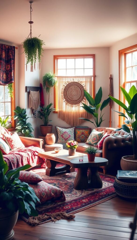 A cozy and inviting bohemian-style living room, bathed in warm, natural lighting. The space is adorned with a vibrant array of colorful textiles, including patterned throw pillows, a plush area rug, and a woven wall hanging. Eclectic furniture pieces, such as a tufted leather sofa and a rustic wooden coffee table, create a lived-in, eclectic feel. Lush potted plants and natural wood accents add to the earthy, organic ambiance. The room is framed by large windows, allowing the soft, diffused sunlight to flood the space and accentuate the rich, saturated tones of the textiles and decor. A cozy and inviting bohemian-style living room, bathed in warm, natural lighting. The space is adorned with a vibrant array of colorful textiles, including patterned throw pillows, a plush area rug, and a woven wall hanging. Eclectic furniture pieces, such as a tufted leather sofa and a rustic wooden coffee table, create a lived-in, eclectic feel. Lush potted plants and natural wood accents add to the earthy, organic ambiance. The room is framed by large windows, allowing the soft, diffused sunlight to flood the space and accentuate the rich, saturated tones of the textiles and decor.