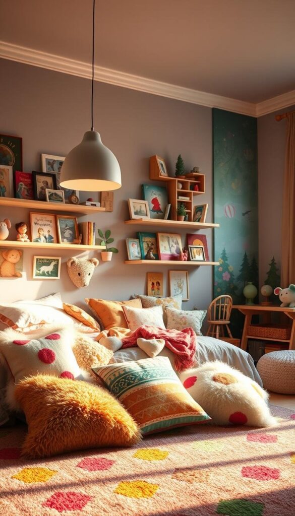 A cozy and inviting children's bedroom filled with personalized decor elements. In the foreground, a plush, colorful rug and a mix of fluffy throw pillows in whimsical patterns set the tone. In the middle ground, a wall-mounted bookshelf displays an array of storybooks, family photos, and handcrafted trinkets, each piece reflecting the child's unique interests and personality. Warm, diffused lighting from a pendant lamp creates a soothing ambiance, while natural light from a large window bathes the space in a soft, golden glow. In the background, a vibrant mural or wall-hanging captures the child's imagination, transporting them to a magical, fantastical world. The overall atmosphere is one of comfort, creativity, and a deep sense of personal connection.
