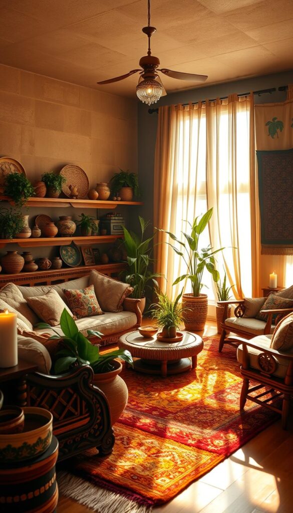 A cozy and inviting ethnic living room, flooded with warm, natural lighting filtering through sheer curtains. The focal point is a vibrant, hand-woven rug in earthy tones, complemented by plush, earth-toned seating arranged in a conversational layout. Intricately carved wooden furniture and shelves display an eclectic collection of ethnic decor, including handcrafted pottery, woven baskets, and intricate tapestries. Potted plants and flickering candles add a touch of organic warmth, while the backdrop features textured walls in a muted, earthy palette, evoking a sense of cultural heritage and timeless sophistication.