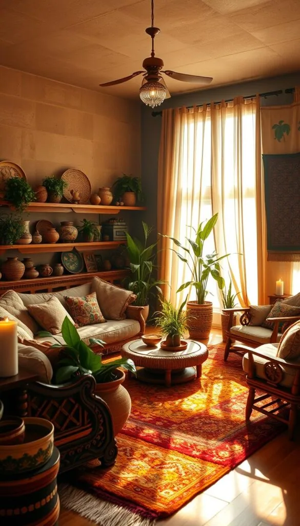A cozy and inviting ethnic living room, flooded with warm, natural lighting filtering through sheer curtains. The focal point is a vibrant, hand-woven rug in earthy tones, complemented by plush, earth-toned seating arranged in a conversational layout. Intricately carved wooden furniture and shelves display an eclectic collection of ethnic decor, including handcrafted pottery, woven baskets, and intricate tapestries. Potted plants and flickering candles add a touch of organic warmth, while the backdrop features textured walls in a muted, earthy palette, evoking a sense of cultural heritage and timeless sophistication. A cozy and inviting ethnic living room, flooded with warm, natural lighting filtering through sheer curtains. The focal point is a vibrant, hand-woven rug in earthy tones, complemented by plush, earth-toned seating arranged in a conversational layout. Intricately carved wooden furniture and shelves display an eclectic collection of ethnic decor, including handcrafted pottery, woven baskets, and intricate tapestries. Potted plants and flickering candles add a touch of organic warmth, while the backdrop features textured walls in a muted, earthy palette, evoking a sense of cultural heritage and timeless sophistication.