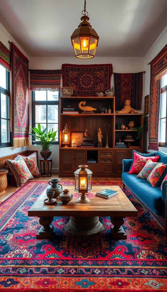 A cozy and inviting ethnic living room with a vibrant color palette and intricate textiles. In the foreground, a plush area rug with a bold geometric pattern sets the tone. Positioned atop it, a low wooden coffee table adorned with handcrafted ceramics and metalwork. Surrounding the seating area, vibrant throw pillows in rich jewel-toned hues and intricate woven tapestries hang on the walls, creating a layered and immersive atmosphere. In the middle ground, a carved wooden bookshelf displays an eclectic collection of ethnic artifacts and sculptures. Warm lighting from a pair of brass lanterns illuminates the space, casting a soft, ambient glow. In the background, large windows allow natural light to flood the room, complementing the earthy tones and natural materials throughout.