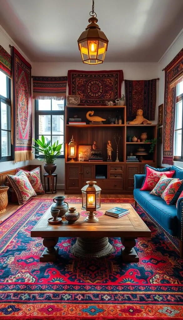 A cozy and inviting ethnic living room with a vibrant color palette and intricate textiles. In the foreground, a plush area rug with a bold geometric pattern sets the tone. Positioned atop it, a low wooden coffee table adorned with handcrafted ceramics and metalwork. Surrounding the seating area, vibrant throw pillows in rich jewel-toned hues and intricate woven tapestries hang on the walls, creating a layered and immersive atmosphere. In the middle ground, a carved wooden bookshelf displays an eclectic collection of ethnic artifacts and sculptures. Warm lighting from a pair of brass lanterns illuminates the space, casting a soft, ambient glow. In the background, large windows allow natural light to flood the room, complementing the earthy tones and natural materials throughout. A cozy and inviting ethnic living room with a vibrant color palette and intricate textiles. In the foreground, a plush area rug with a bold geometric pattern sets the tone. Positioned atop it, a low wooden coffee table adorned with handcrafted ceramics and metalwork. Surrounding the seating area, vibrant throw pillows in rich jewel-toned hues and intricate woven tapestries hang on the walls, creating a layered and immersive atmosphere. In the middle ground, a carved wooden bookshelf displays an eclectic collection of ethnic artifacts and sculptures. Warm lighting from a pair of brass lanterns illuminates the space, casting a soft, ambient glow. In the background, large windows allow natural light to flood the room, complementing the earthy tones and natural materials throughout.