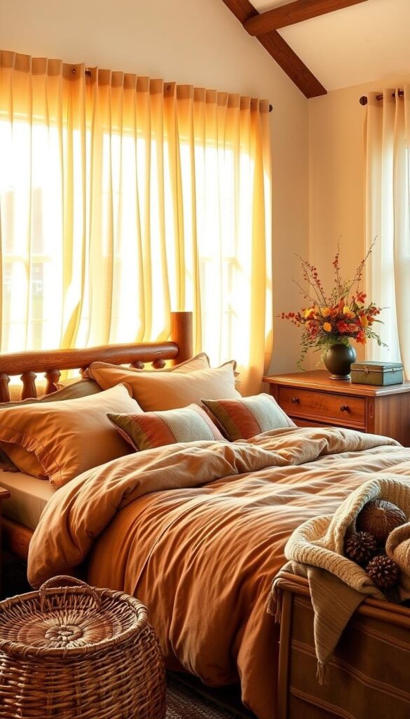 A cozy and inviting fall bedroom scene, featuring a rustic wooden bed frame adorned with a plush, earthy-toned comforter and pillows. Sheer curtains gently sway in a soft breeze, allowing natural light to filter in and cast a warm, golden glow throughout the space. On the bedside table, a wreath of autumn leaves and berries adds a touch of seasonal charm. In the corner, a wooden dresser displays a vase of vibrant fall flowers, complemented by a woven basket filled with pinecones and textured throw blankets. The room exudes a sense of serene, nature-inspired comfort, perfect for snuggling up on a crisp autumn night. A cozy and inviting fall bedroom scene, featuring a rustic wooden bed frame adorned with a plush, earthy-toned comforter and pillows. Sheer curtains gently sway in a soft breeze, allowing natural light to filter in and cast a warm, golden glow throughout the space. On the bedside table, a wreath of autumn leaves and berries adds a touch of seasonal charm. In the corner, a wooden dresser displays a vase of vibrant fall flowers, complemented by a woven basket filled with pinecones and textured throw blankets. The room exudes a sense of serene, nature-inspired comfort, perfect for snuggling up on a crisp autumn night.