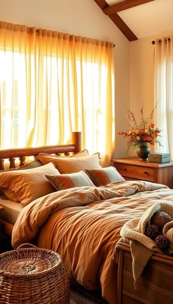 A cozy and inviting fall bedroom scene, featuring a rustic wooden bed frame adorned with a plush, earthy-toned comforter and pillows. Sheer curtains gently sway in a soft breeze, allowing natural light to filter in and cast a warm, golden glow throughout the space. On the bedside table, a wreath of autumn leaves and berries adds a touch of seasonal charm. In the corner, a wooden dresser displays a vase of vibrant fall flowers, complemented by a woven basket filled with pinecones and textured throw blankets. The room exudes a sense of serene, nature-inspired comfort, perfect for snuggling up on a crisp autumn night.