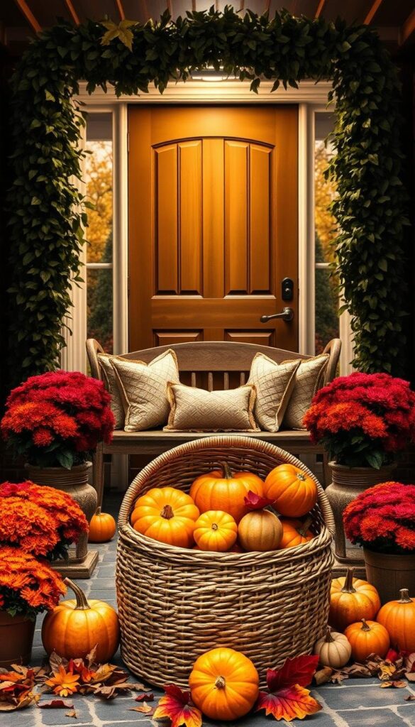 A cozy and inviting fall entryway, featuring a warm palette of burnt orange, deep red, and earthy brown tones. In the foreground, a large woven basket overflows with a bountiful harvest of pumpkins, gourds, and autumn leaves. Flanking the doorway, potted mums in vibrant hues stand tall, their petals gently swaying in the crisp breeze. The middle ground showcases a rustic wooden bench adorned with plush throw pillows, inviting guests to pause and admire the seasonal decor. In the background, a lush, leafy garland cascades gracefully down the entryway, complementing the natural wood tones of the door and surrounding architecture. The lighting is soft and ambient, casting a warm glow over the entire scene and evoking a cozy, autumnal ambiance. A cozy and inviting fall entryway, featuring a warm palette of burnt orange, deep red, and earthy brown tones. In the foreground, a large woven basket overflows with a bountiful harvest of pumpkins, gourds, and autumn leaves. Flanking the doorway, potted mums in vibrant hues stand tall, their petals gently swaying in the crisp breeze. The middle ground showcases a rustic wooden bench adorned with plush throw pillows, inviting guests to pause and admire the seasonal decor. In the background, a lush, leafy garland cascades gracefully down the entryway, complementing the natural wood tones of the door and surrounding architecture. The lighting is soft and ambient, casting a warm glow over the entire scene and evoking a cozy, autumnal ambiance.