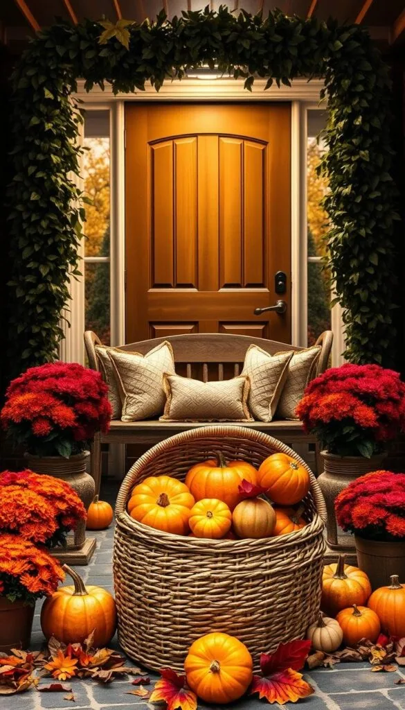 A cozy and inviting fall entryway, featuring a warm palette of burnt orange, deep red, and earthy brown tones. In the foreground, a large woven basket overflows with a bountiful harvest of pumpkins, gourds, and autumn leaves. Flanking the doorway, potted mums in vibrant hues stand tall, their petals gently swaying in the crisp breeze. The middle ground showcases a rustic wooden bench adorned with plush throw pillows, inviting guests to pause and admire the seasonal decor. In the background, a lush, leafy garland cascades gracefully down the entryway, complementing the natural wood tones of the door and surrounding architecture. The lighting is soft and ambient, casting a warm glow over the entire scene and evoking a cozy, autumnal ambiance.