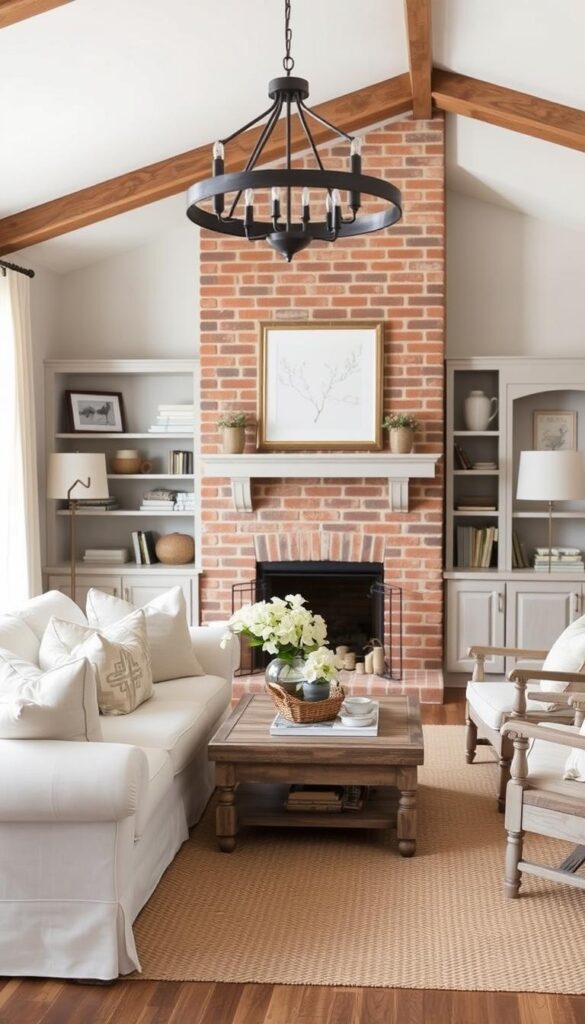 A cozy and inviting farmhouse living room with a neutral color palette. The room features a plush, off-white sofa paired with weathered wood furniture and natural fiber accents, such as a woven area rug and linen curtains. Soft, diffused lighting from a rustic, metal chandelier casts a warm glow, creating a serene and tranquil atmosphere. In the background, a brick fireplace with a simple, whitewashed mantel serves as the focal point, surrounded by bookshelves and framed nature-inspired artwork. The overall aesthetic is one of understated elegance and timeless charm, showcasing the timeless appeal of a neutral color scheme in a farmhouse-style living space. A cozy and inviting farmhouse living room with a neutral color palette. The room features a plush, off-white sofa paired with weathered wood furniture and natural fiber accents, such as a woven area rug and linen curtains. Soft, diffused lighting from a rustic, metal chandelier casts a warm glow, creating a serene and tranquil atmosphere. In the background, a brick fireplace with a simple, whitewashed mantel serves as the focal point, surrounded by bookshelves and framed nature-inspired artwork. The overall aesthetic is one of understated elegance and timeless charm, showcasing the timeless appeal of a neutral color scheme in a farmhouse-style living space.