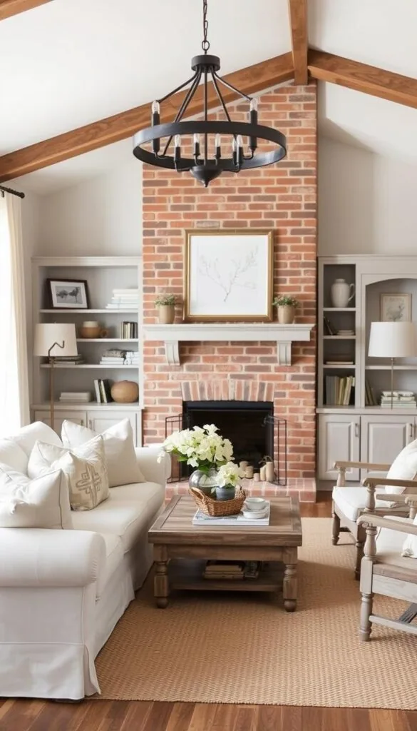 A cozy and inviting farmhouse living room with a neutral color palette. The room features a plush, off-white sofa paired with weathered wood furniture and natural fiber accents, such as a woven area rug and linen curtains. Soft, diffused lighting from a rustic, metal chandelier casts a warm glow, creating a serene and tranquil atmosphere. In the background, a brick fireplace with a simple, whitewashed mantel serves as the focal point, surrounded by bookshelves and framed nature-inspired artwork. The overall aesthetic is one of understated elegance and timeless charm, showcasing the timeless appeal of a neutral color scheme in a farmhouse-style living space. A cozy and inviting farmhouse living room with a neutral color palette. The room features a plush, off-white sofa paired with weathered wood furniture and natural fiber accents, such as a woven area rug and linen curtains. Soft, diffused lighting from a rustic, metal chandelier casts a warm glow, creating a serene and tranquil atmosphere. In the background, a brick fireplace with a simple, whitewashed mantel serves as the focal point, surrounded by bookshelves and framed nature-inspired artwork. The overall aesthetic is one of understated elegance and timeless charm, showcasing the timeless appeal of a neutral color scheme in a farmhouse-style living space.
