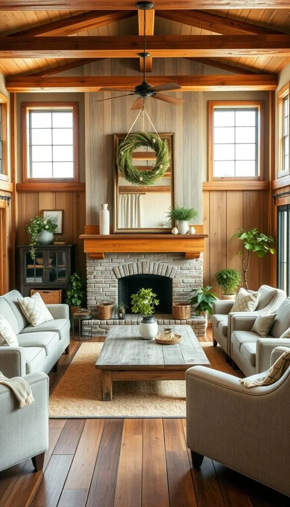 A cozy and inviting farmhouse living room with a rustic, charming ambiance. The centerpiece is a large, reclaimed wood fireplace mantel, surrounded by exposed wooden beams and paneled walls. Soft, natural lighting filters in through oversized windows, casting a warm glow on the distressed, wooden floorboards. Plush, neutral-toned sofas and armchairs are arranged around a simple, weathered wood coffee table, creating a comfortable seating area. Vintage, farmhouse-inspired decor, such as a large, wreath-adorned mirror and a collection of potted plants, add authentic character to the space. The overall atmosphere is one of relaxed, country-inspired elegance. A cozy and inviting farmhouse living room with a rustic, charming ambiance. The centerpiece is a large, reclaimed wood fireplace mantel, surrounded by exposed wooden beams and paneled walls. Soft, natural lighting filters in through oversized windows, casting a warm glow on the distressed, wooden floorboards. Plush, neutral-toned sofas and armchairs are arranged around a simple, weathered wood coffee table, creating a comfortable seating area. Vintage, farmhouse-inspired decor, such as a large, wreath-adorned mirror and a collection of potted plants, add authentic character to the space. The overall atmosphere is one of relaxed, country-inspired elegance.