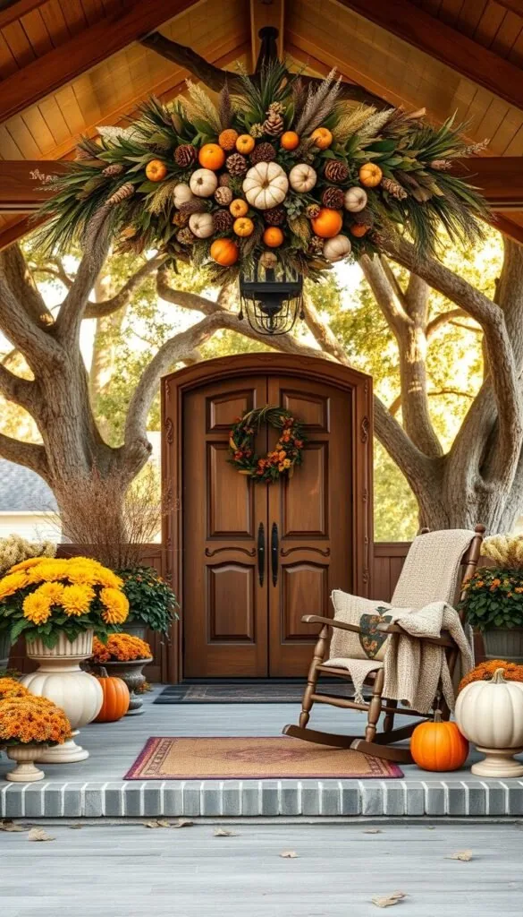 A cozy and inviting farmhouse-style front porch, adorned with an elegant display of Halloween decor. In the foreground, a grand wooden entryway with intricate carved details is flanked by large potted mums and clusters of autumnal foliage. Hanging above the doorway, a lush garland of gourds, pinecones, and dried flowers creates a stunning focal point. The middle ground features a pair of vintage wooden rocking chairs, draped with plush knit throws and pumpkin-themed pillows, inviting guests to sit and admire the scene. In the background, the porch is framed by towering oak trees, their branches casting warm, golden light across the entire setting. The overall mood is one of timeless, rustic elegance - a harmonious blend of seasonal charm and farmhouse-inspired sophistication.