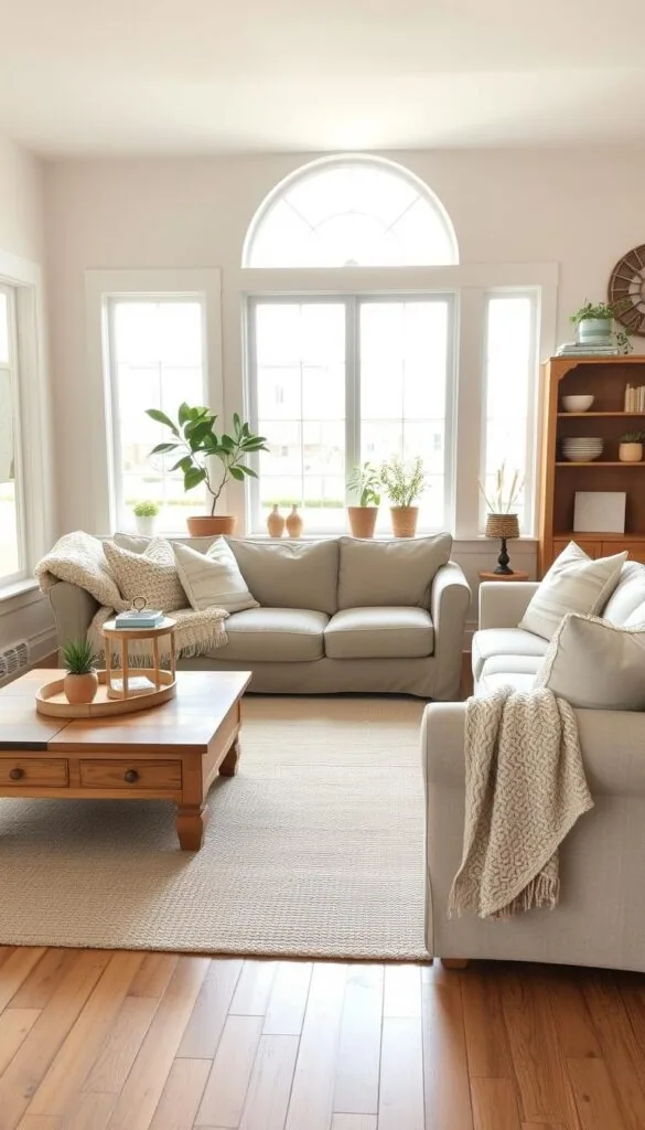 A cozy and inviting farmhouse-style living room with a neutral color palette. Soft, muted tones of beige, tan, and gray create a calming and serene atmosphere. Plush, textured furnishings like a linen sofa and knitted throw blankets add warmth. Rustic wooden accents, such as a distressed coffee table and shelving unit, provide a touch of country charm. Abundant natural light streams in through large windows, casting a gentle glow over the space. A neutral-toned area rug grounds the room, while simple, minimalist decor elements like potted plants and subtle wall art complete the relaxed, budget-friendly aesthetic. A cozy and inviting farmhouse-style living room with a neutral color palette. Soft, muted tones of beige, tan, and gray create a calming and serene atmosphere. Plush, textured furnishings like a linen sofa and knitted throw blankets add warmth. Rustic wooden accents, such as a distressed coffee table and shelving unit, provide a touch of country charm. Abundant natural light streams in through large windows, casting a gentle glow over the space. A neutral-toned area rug grounds the room, while simple, minimalist decor elements like potted plants and subtle wall art complete the relaxed, budget-friendly aesthetic.