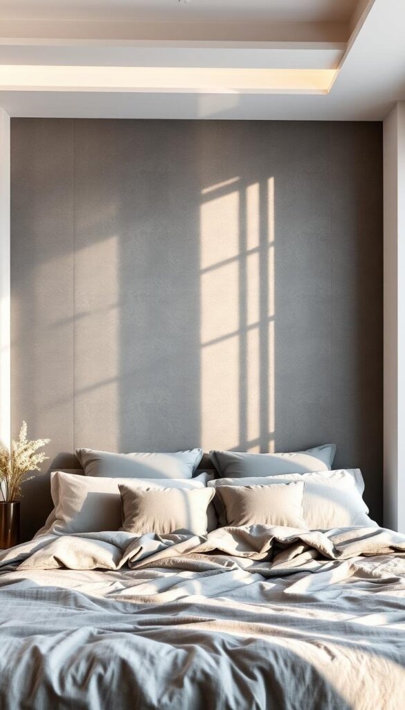 A cozy and inviting grey and white bedroom with striking accent walls. The focal point is a beautifully textured grey feature wall, bathed in warm, directional lighting that casts dynamic shadows. Complementing this is a crisp white wall with delicate abstract patterns, creating a serene and harmonious balance. In the foreground, a plush grey bedding set and fluffy white pillows invite relaxation, while minimalist decor accents like a potted plant and metallic vase add subtle elegance. The overall ambiance is one of tranquility and refined sophistication, perfect for inspiring a serene and restorative slumber.
