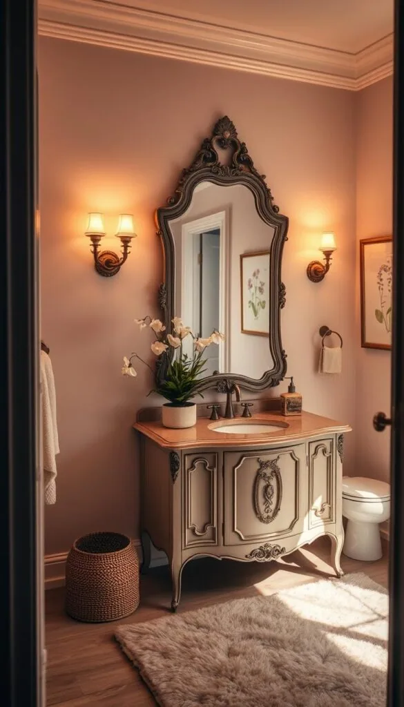 A cozy and inviting guest bathroom, bathed in soft, warm lighting. The focal point is a beautiful vintage-inspired vanity, its elegant design complemented by a large, ornate mirror. Decorative wall sconces flanking the mirror cast a gentle glow, while a plush area rug in muted tones anchors the space. Tasteful botanical elements, such as a lush potted plant and delicate floral artwork, add natural touches. The overall atmosphere is one of refined elegance and relaxation, creating a space that feels both elevated and welcoming.